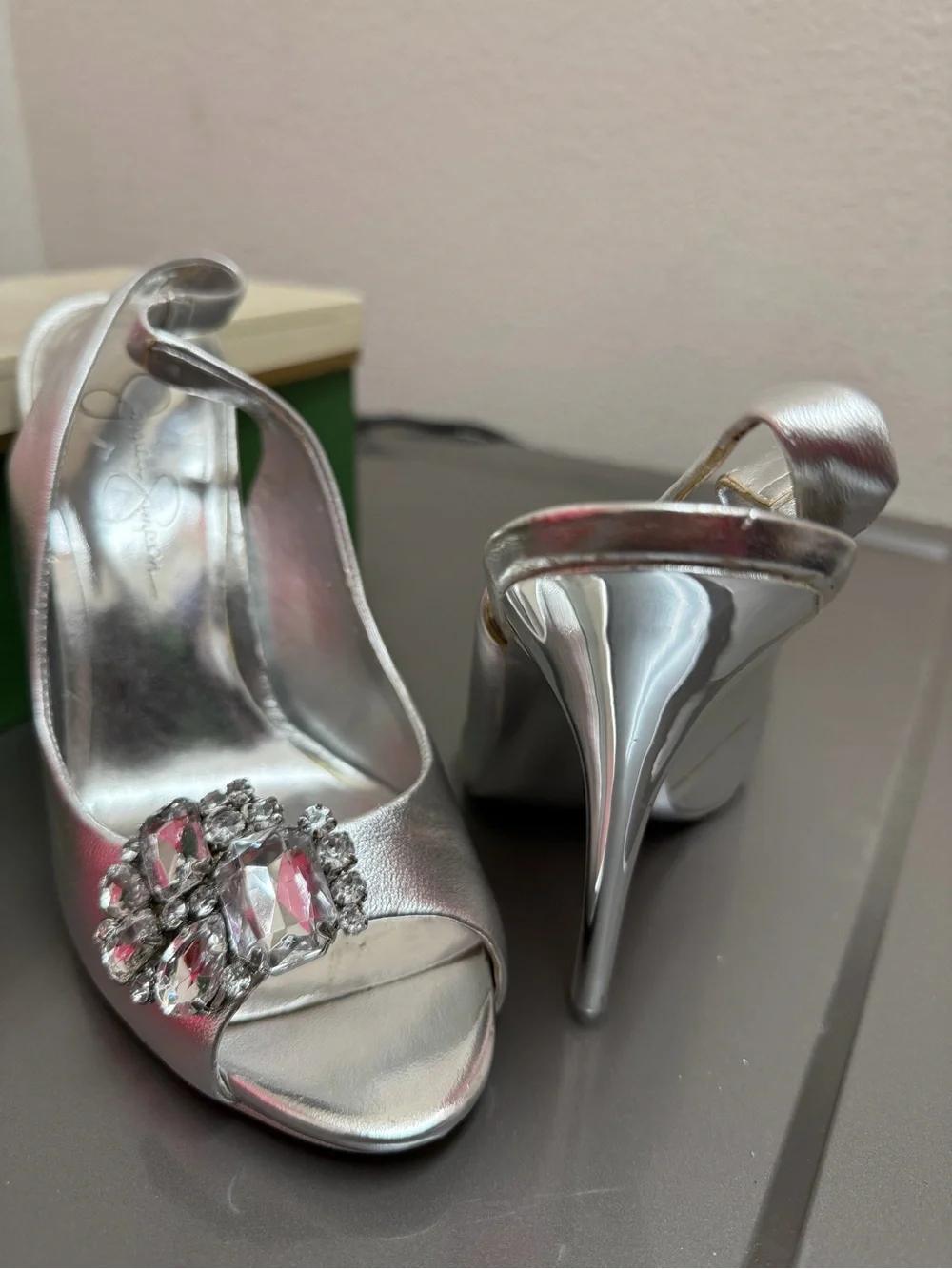 Jessica Simpson Metallic Silver Crystal-Embellished Peep-Toe Slingbacks